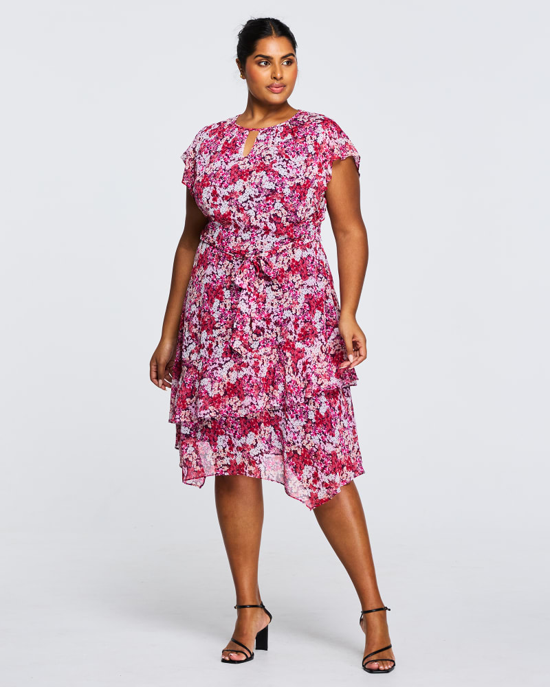 Front of a model wearing a size 1X Carmine Flora Dress in Print by Estelle. | dia_product_style_image_id:283522